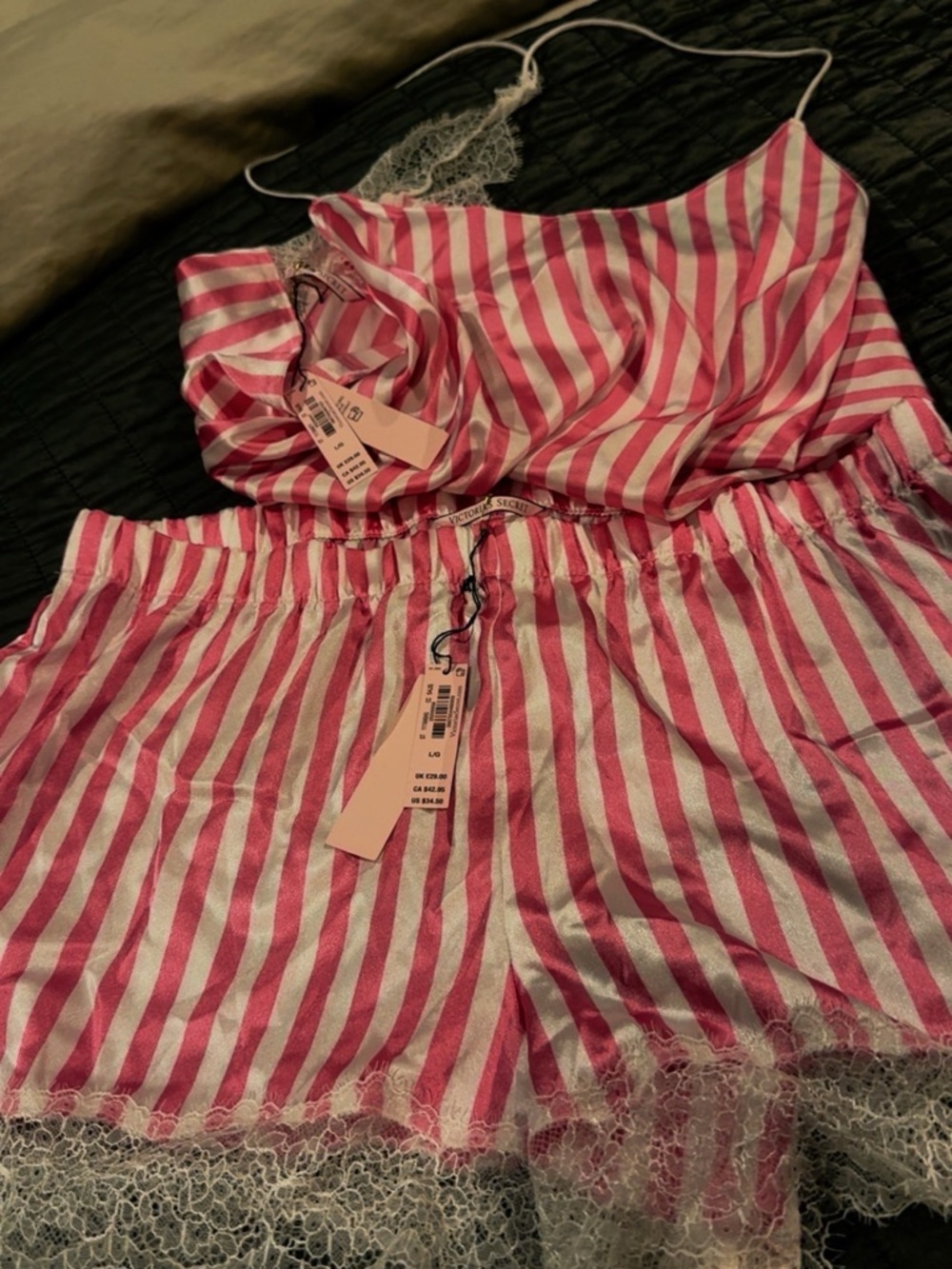 PINK Victoria's Secret Pink and White Striped Satin Cami & Shorts Set